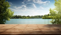 Wooden floor against blue sky over lake with trees in the background