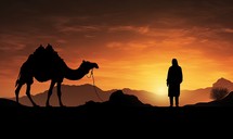 Silhouette of a Muslim man with camel in the desert at sunset