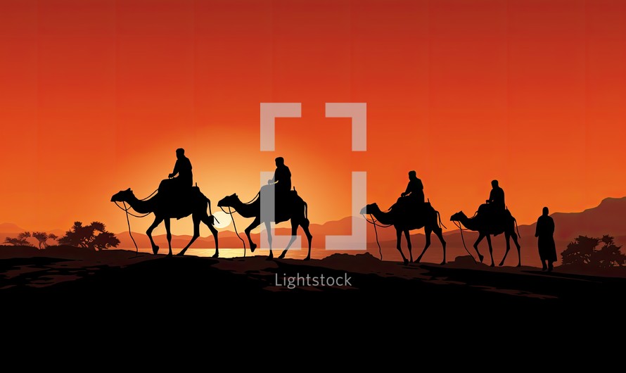 Three wise men on camels in the desert. Vector illustration.