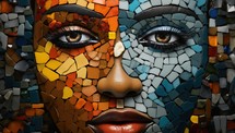 Portrait of a beautiful young woman with multicolored mosaic face