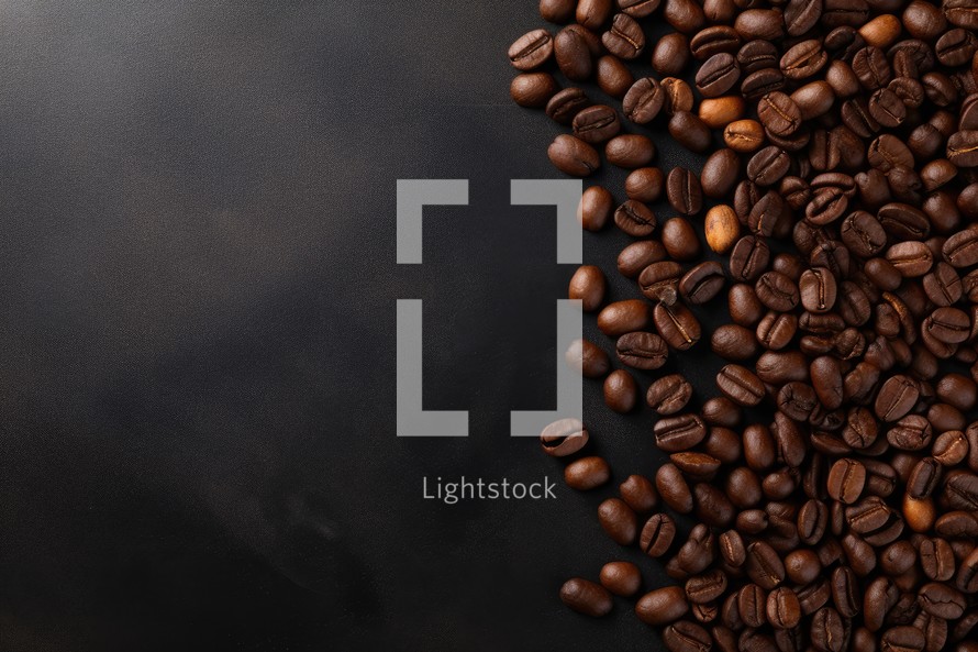 Coffee beans on a black background with copy space. Top view.