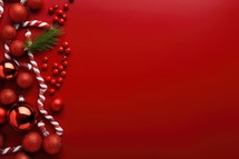 Christmas background with red balls and candy canes on a red background