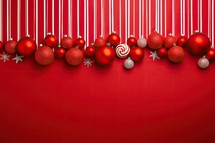 Christmas background with red balls and snowflakes on a red background