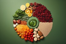 Healthy food concept with vegetables, fruits and spices on green background