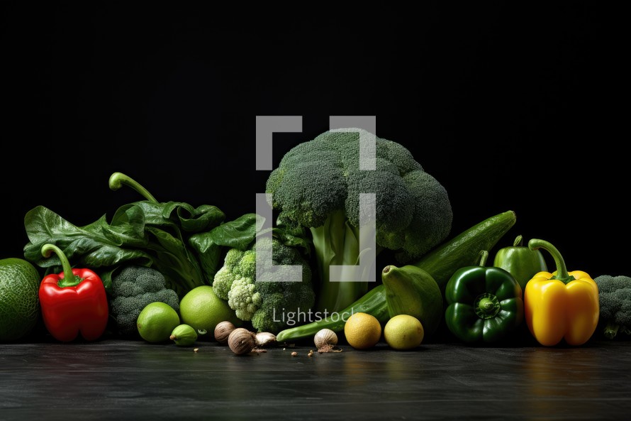 Composition with fresh vegetables on table against black background, closeup