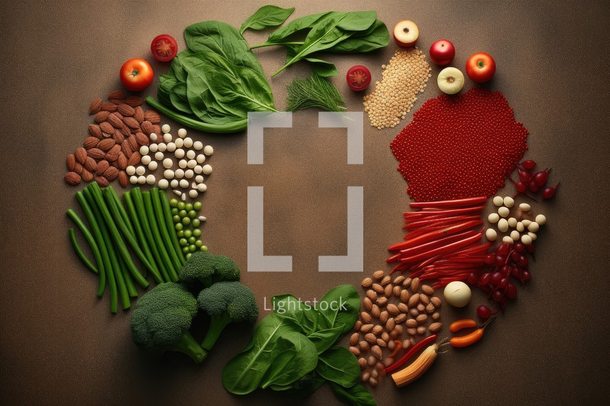 Vegetables and legumes forming a heart shape on brown background