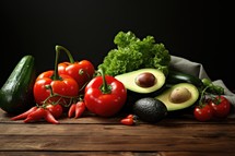 Composition with variety of fresh organic vegetables on wooden table, on dark background