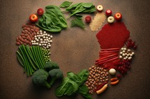 Vegetables and legumes forming a heart shape on brown background