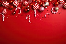 Christmas background with candy canes and baubles on red background