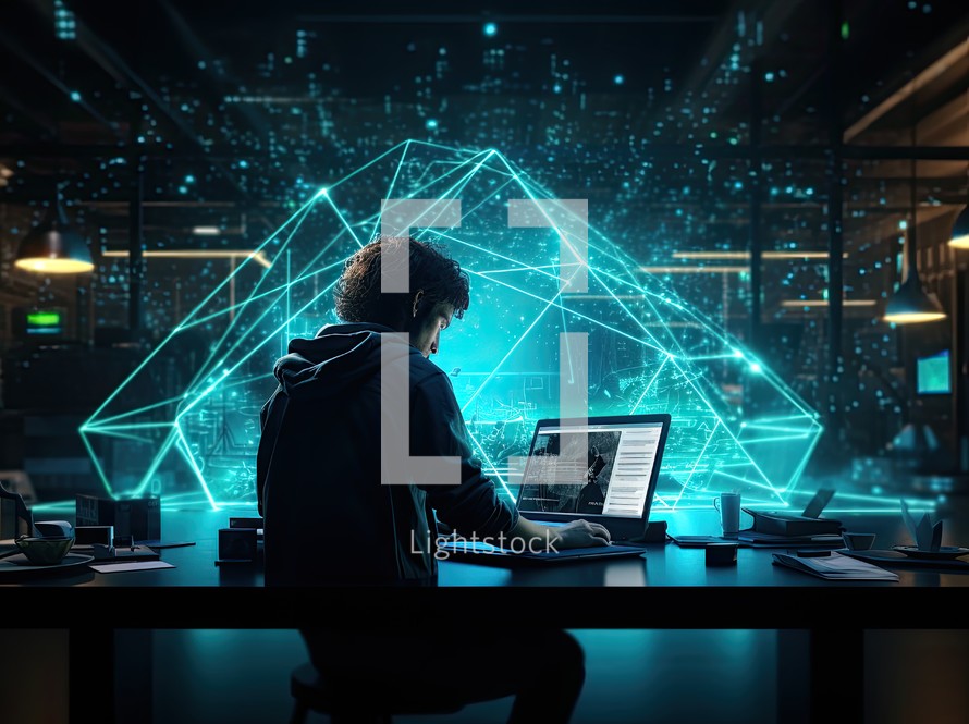 Back view of young businessman working on laptop in modern office with double exposure of network hologram. Technology and communication concept
