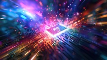  Illuminated AI artificial intelligent microchip amidst vibrant fiber optics