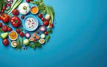 Fresh vegetables on blue background. Healthy food concept. Top view.