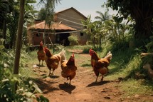 chickens and rooster walking in the farm, vintage tone