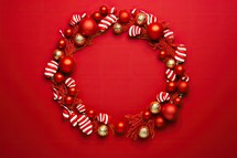 Christmas wreath with red and gold baubles on red background