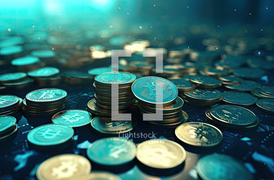 3d illustration of coins with bitcoin symbol over blue toned background