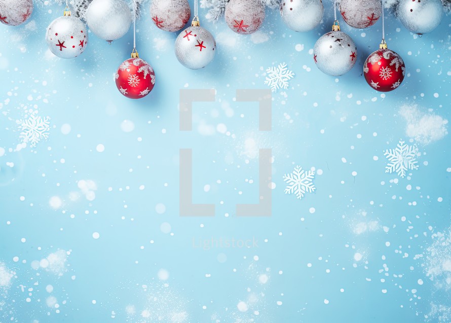 Christmas greeting card. Festive decoration on blue background. New Year concept. Copy space.  Flat lay. Top view.
