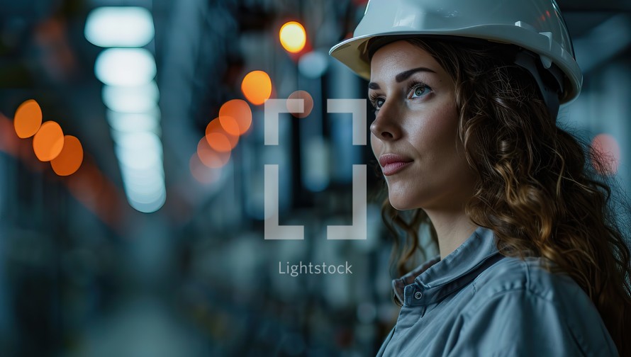 Portrait of a female worker wearing a safety helmet and looking away