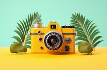Yellow retro camera with palm leaves on a yellow background. 3d rendering