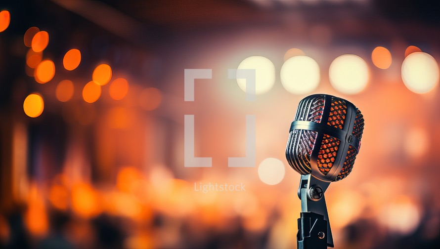 Vintage microphone on stage with blurred concert lights bokeh background