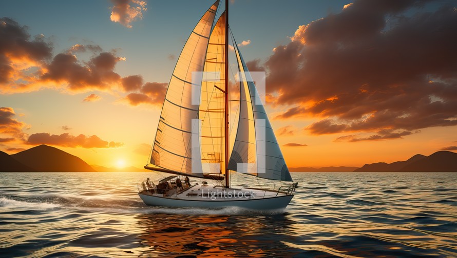 Sailing yacht in the sea at sunset. 