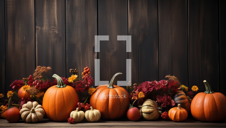 Autumn still life with pumpkins, flowers and berries on wooden background