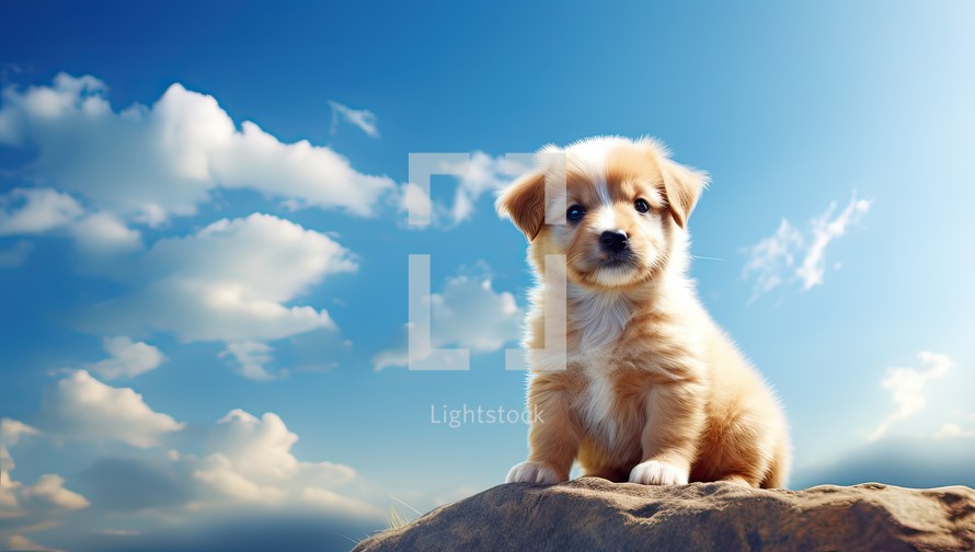 Cute puppy sitting on a rock against the blue sky with clouds