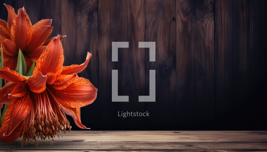 Beautiful orange lily flowers on wooden background, copy space.