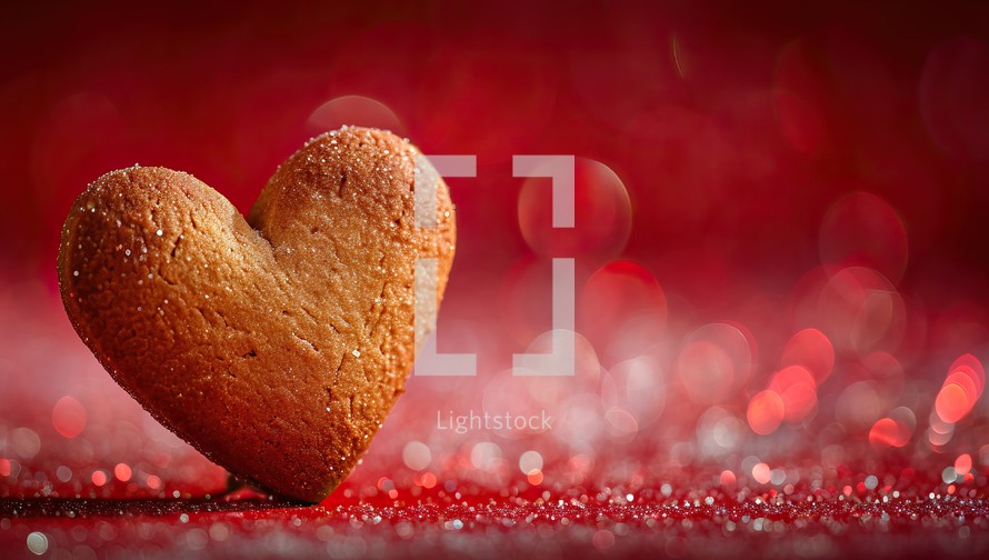 Heart shaped cookie on red bokeh background with copy space