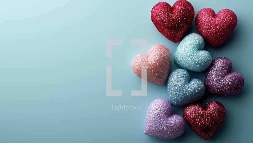 Valentine's day background with colorful hearts on blue background.