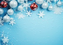 Christmas and New Year background with snowflakes and balls on blue