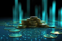 3d illustration of golden coins stack over blue background with binary code
