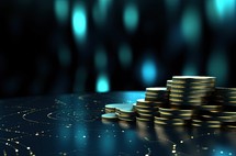 3d illustration of coins stack over blue background with bokeh