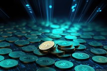 3d illustration of golden bitcoins over blue background with binary code.