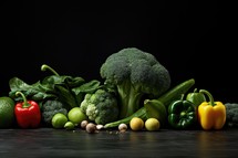 Composition with fresh vegetables on table against black background, closeup
