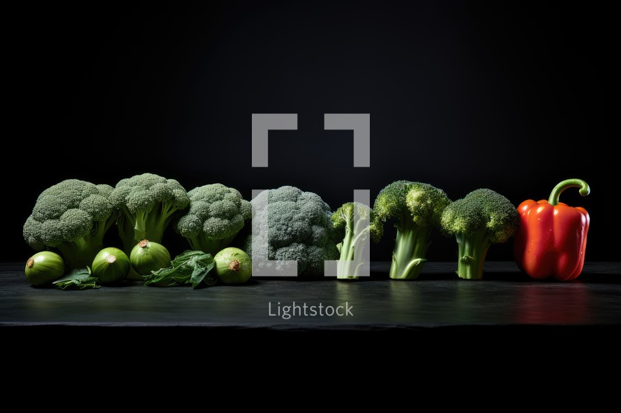 Group of fresh green broccoli and red bell pepper on black background.