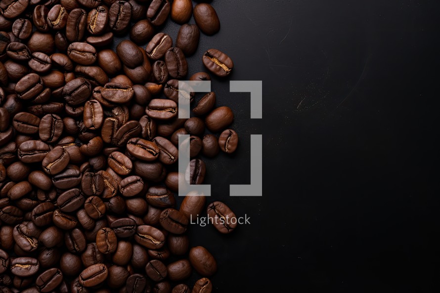 Coffee beans on a black background with copy space for text