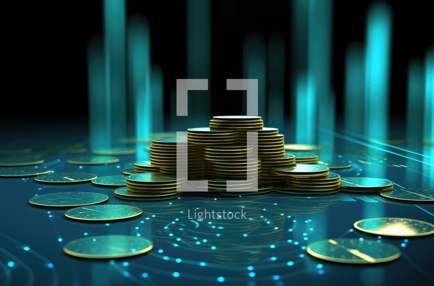3d illustration of golden coins stack over blue background with binary code