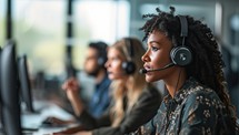 selective focus of african american call center operator in headset looking away