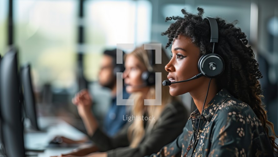 selective focus of african american call center operator in headset looking away