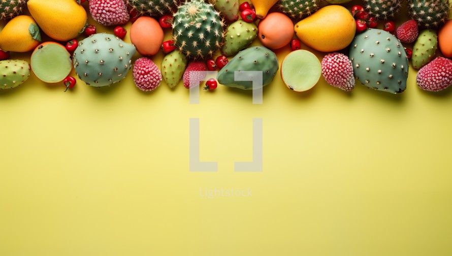 Variety of cactus fruits on yellow background with copy space.