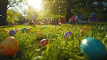  Colorful Easter eggs scattered on a sunny grass field with children in the background
