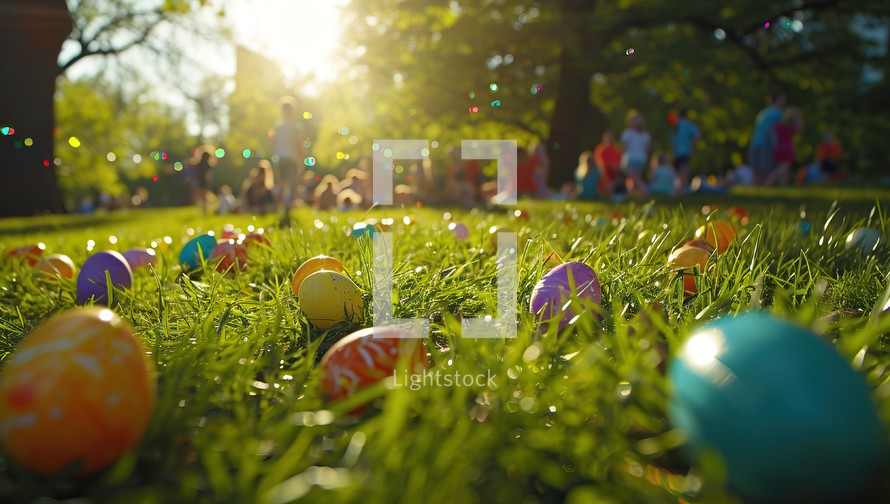  Colorful Easter eggs scattered on a sunny grass field with children in the background