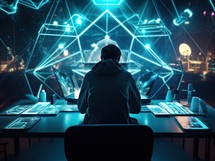 Rear view of young businessman sitting at table in dark office with double exposure of network hologram. Toned image