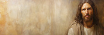 Portrait of Jesus Christ on grunge background. Horizontal banner with copy space