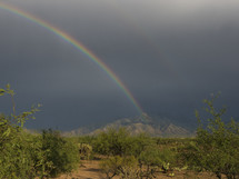 A bright rainbow over desert mountains