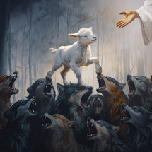 A white lamb walking over angry wolves to get to Jesus