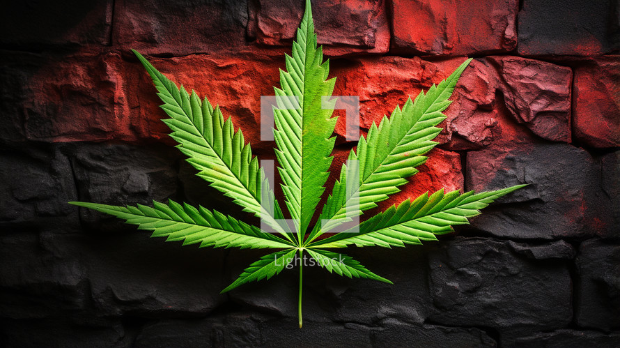 Marijuana leaf on a brick wall. 