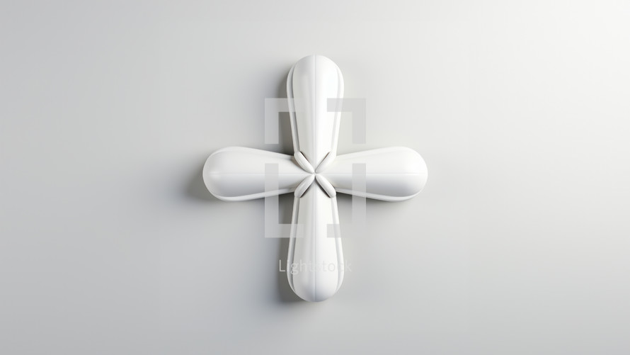 A modern small cross in white ceramic material. Set against a white studio background,