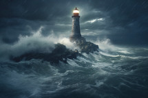 Lighthouse shines during a large storm at sea