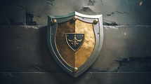 Gold and silver shield hanging on a concrete wall. 